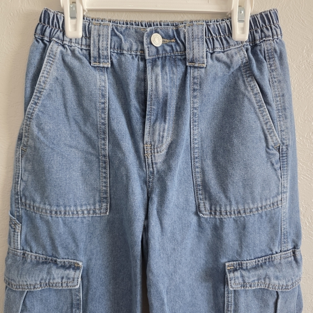 Simple Society Juniors Cargo Blue Jeans High Rise Pockets Elastic Waist Sz 3/26 - Picture 2 of 9